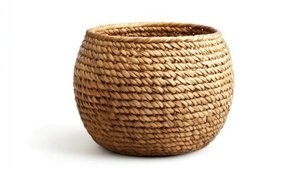 Poster - Handcrafted vintage wicker basket with intricate weave texture isolated on clean white background for decorative or storage purposes.