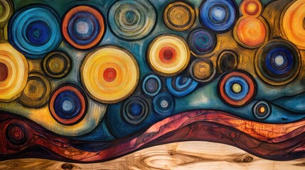 Fototapete - Abstract vibrant artwork with colorful swirling patterns and circular shapes against a textured wood background.