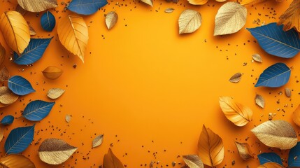 Poster - Vibrant autumn scene featuring a colorful arrangement of gold foil and blue leaves on a warm orange background in a flat lay composition.