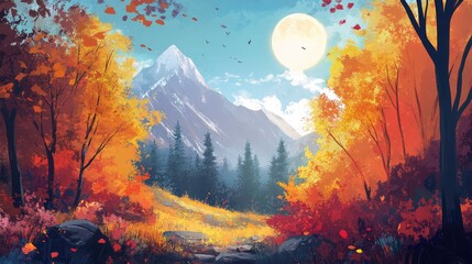 Poster - Vibrant Autumn Forest with Multicolored Foliage and Majestic Mountains Under Bright Sunlight in Serene Nature Landscape.