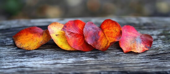 Poster - Vibrant Red and Orange Autumn Leaves Arranged on Rustic Wooden Surface with Soft Focus Background and Room for Text Space
