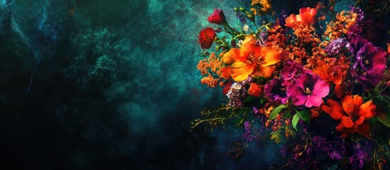 Poster - Vibrant Multicolored Flower Bouquet on Dark Green Background with Blank Space for Text and Dramatic Floral Composition