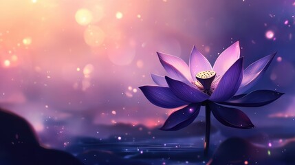 Poster - Twilight Scene Featuring a Close-Up of a Stunning Purple Lotus Blossom with Soft Bokeh Background and Dreamy Atmosphere