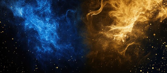 Poster - Elegant Swirling Blue and Gold Smoke on Dark Background with Space for Text Contrast of Vibrant Colors in Atmospheric Composition