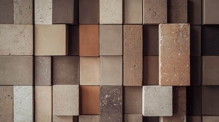 Poster - Textured rectangular clay bricks in earthy tones arranged in a vertical stack showcasing natural surfaces and color variations