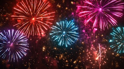 Poster - Colorful fireworks display illuminating the night sky with vibrant bursts of red blue and pink creating a festive atmosphere.