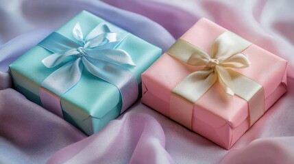 Poster - Elegant gift boxes in soft pastel colors arranged on luxurious silk fabric backdrop. Perfect for celebrations and special occasions.