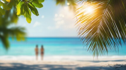 Poster - Calming Blurred Ocean View with Palm Leaves Creating a Serene Beach Atmosphere for Vacation and Relaxation Moments
