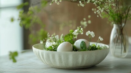 Poster - Fresh spring salad with quail eggs and delicate flowers in a rustic bowl on a light table setting.