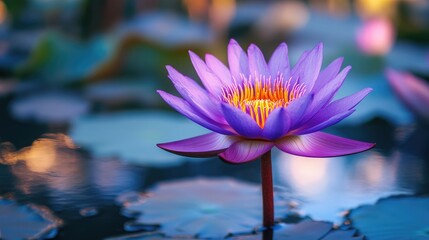 Poster - vibrant violet lotus flower blooming gracefully on a serene pond surface surrounded by lush greenery