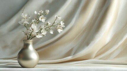 Poster - Elegant Silk Background with Minimalist Vase and Delicate Floral Arrangement for Modern Home Decor and Aesthetic Styling
