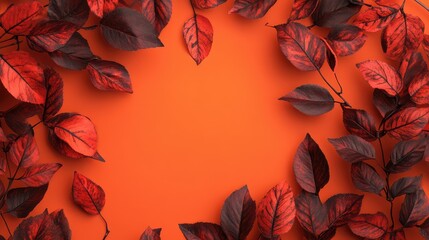 Poster - Vibrant red and burgundy autumn leaves arranged in a circular frame on an orange background creating a warm seasonal aesthetic.