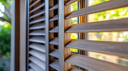 Poster - Closeup of vintage wooden window shutters showcasing intricate craftsmanship and natural wood textures in a sunny setting.