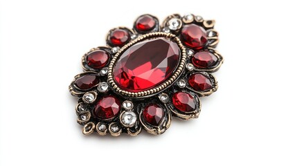 Vintage women's brooch featuring vibrant red transparent stones and intricate detailing against a white background Decorative jewelry piece