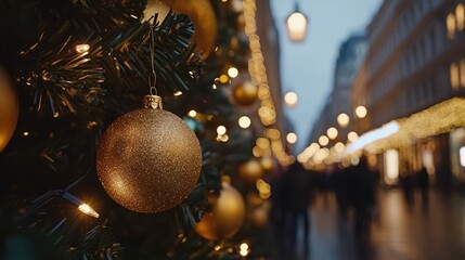 Aufkleber - Golden holiday ornaments on a lush tree with defocused festive lights in a bustling shopping street during the holiday season.