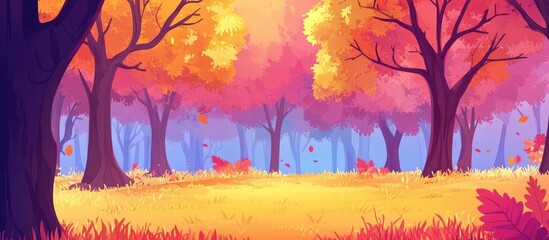 Aufkleber - Colorful autumn forest panorama with vibrant orange and pink trees, serene atmosphere, and soft grassy ground under a bright blue sky.