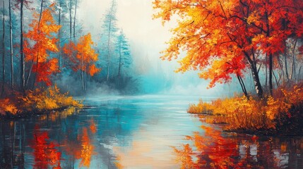 Aufkleber - Autumn foliage in a misty forest by a crystal-clear river with vibrant orange and yellow reflections creating a serene and tranquil landscape scene
