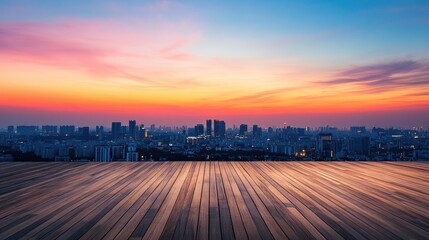 Aufkleber - Twilight View from Empty Wooden Deck Overlooking City Skyline at Dusk with Colorful Skies