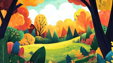 Aufkleber - Colorful autumn scenery showcasing a lush green forest filled with vibrant orange, red, and yellow foliage under a bright blue sky.