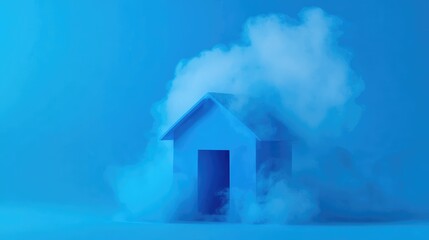 Poster - Vibrant blue house surrounded by swirling white smoke vapor against a solid blue background, creating a serene and dreamy atmosphere in a minimalist setting.