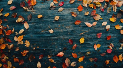 Poster - Colorful autumn leaves in shades of orange, yellow, and red scattered across a textured blue wooden background, creating a vibrant seasonal composition.