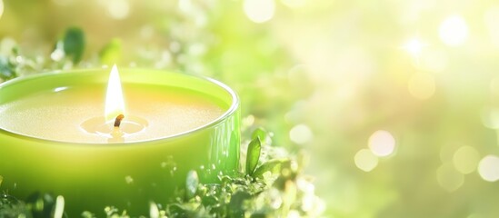 Poster - Cozy green candle glowing softly in warm blurred background creating a serene atmosphere for relaxation and tranquility