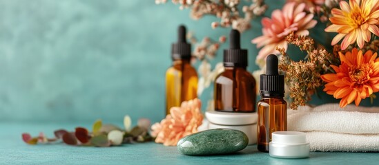 Poster - Autumn skincare setup featuring jade stone and luxurious oils with floral accents for self care and wellness promotions in a serene backdrop