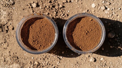 Poster - Top view of two transparent containers filled with coarsely ground brown coffee on a textured earthy background during daylight