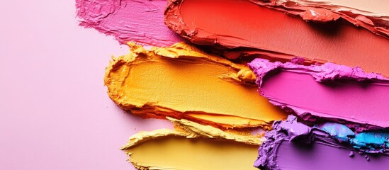 Aufkleber - Colorful Lipstick Swatches in Shades of Pink, Orange, Purple, and Red on a Soft Pink Background with Room for Text and Design Elements
