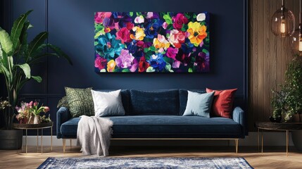 Aufkleber - Vibrant Abstract Floral Canvas Art Displayed in Modern Living Room Interior Design