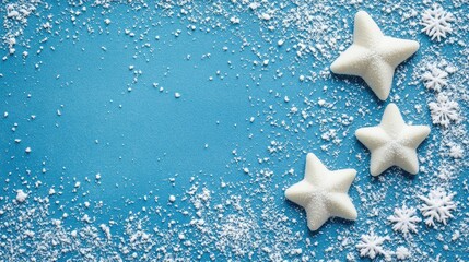 Poster - Vibrant blue textured background featuring three white foam stars and white snowflakes arranged with festive copy space for holiday card design