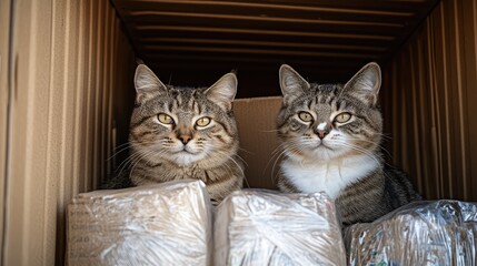Poster - Cozy Domestic Cats Resting Inside a Shipping Container Surrounded by Brown Packing Materials and Warm Golden Light