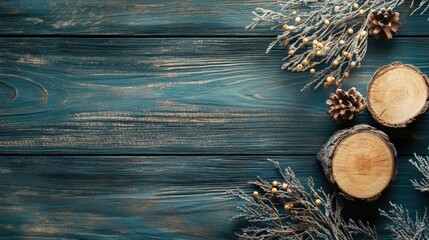 Poster - Rustic wooden decor elements with pine cones and dried foliage on a textured wood background for a vintage and natural aesthetic.