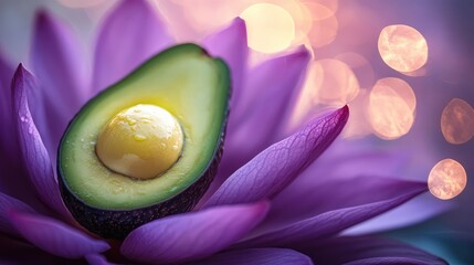 Poster - Fresh green avocado sliced in half resting on a blooming purple lotus flower with a soft illuminated bokeh background in warm tones.