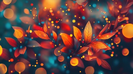 Poster - Vibrant Autumn Leaves in Rich Red and Orange Hues Surrounded by Glowing Blue and Yellow Bokeh Lights in a Soft Focus Background