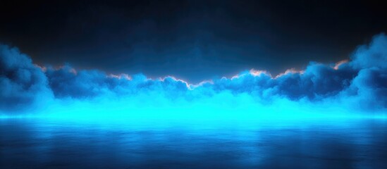 Poster - Vibrant azure glowing light illuminating soft clouds with dark backdrop and reflective surface creating serene atmospheric space for text.