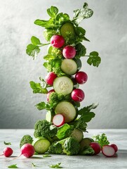 Canvas Print - Vibrant stack of fresh vegetables, including cucumbers, radishes, and broccoli, artfully arranged against a gray background.  Perfect for healthy eating, food blogs, and recipe websites.