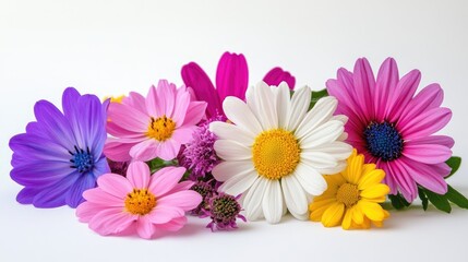 Poster - Colorful Assortment of Fresh Flowers on a White Background Displaying Vibrant Petals and Varied Natural Beauty