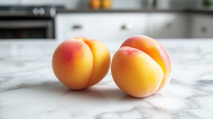 Poster - Two ripe apricots beautifully displayed on a marble kitchen countertop highlighting fresh fruit ready for culinary use