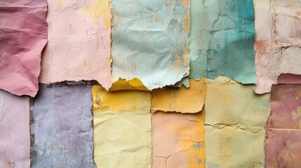 Poster - textured vintage paper background with a colorful palette of pastel hues in various torn shapes and 