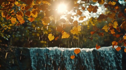 Aufkleber - Golden Autumn Leaves Dripping Against Sunlit Waterfall in a Forest Setting with Warm Yellow and Orange Tones