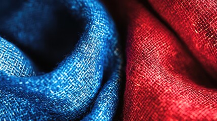 Poster - Close-up view of vibrant red and blue textured textiles intertwined, showcasing intricate fibers and colors, ideal for fabric design concepts.