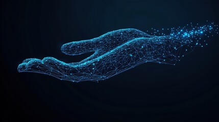 Poster - Hand reaching finger towards digital network connection with interconnected nodes and lines