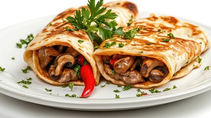 Poster - Delicious meat stuffed pancakes with mushrooms and red peppers garnished with fresh herbs on a white plate isolated against a clean background