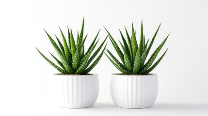 Poster - Aloe Vera Plants in Elegant White Pots on Minimalist White Background for Home Decor and Interior Design Inspiration