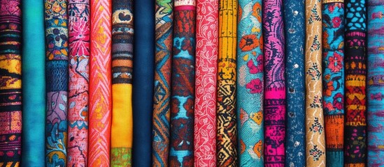 Poster - Colorful textile swatches displaying intricate patterns and textures for design inspiration and creative projects in fashion and home decor