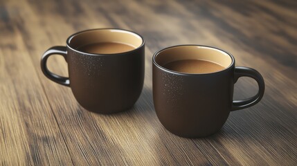 Poster - Cappuccino cups in rich brown on rustic wooden table showcasing a cozy cafe ambiance and inviting warmth of coffee culture.