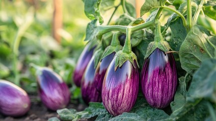Poster - Fresh Eggplants in a Lush Green Garden Showcasing Vibrant Purple Hues of Organic Produce Ready for Harvest and Culinary Use