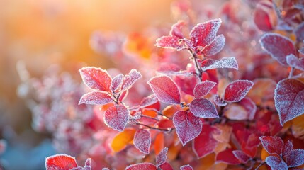 Poster - Frost-covered vibrant red and orange autumn leaves under soft morning light in a blurred natural background showcasing seasonal beauty