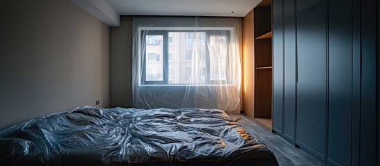 Aufkleber - Modern unfinished bedroom with uninstalled bed and protective plastic highlighting contemporary design and spacious built-in wardrobe